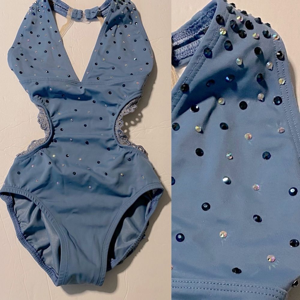Custom solo dance costume slate blue rhinestoned cut out leotard lace trim MC